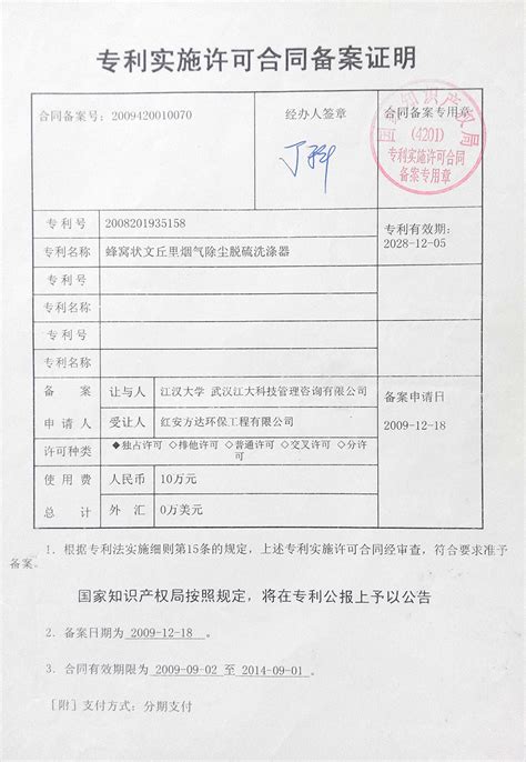 zhuanli实施许可合同备案证明-红安方达环保工程有限公司