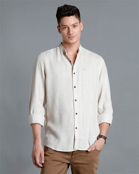 IDENTITI Men Slim Fit Mandarin Collar Checks Shirt In Beige