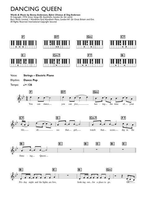Dancing Queen von ABBA Noten zum Klavier Akkorde/Texte bei Sheet Music ...
