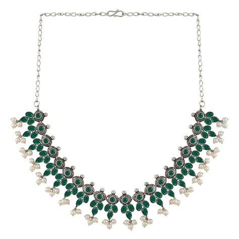 Nishan Silver Oxidised Green Stone and Pearl Necklace Set – Teejh
