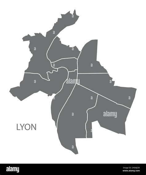 Lyon city map with districts grey illustration silhouette shape Stock ...