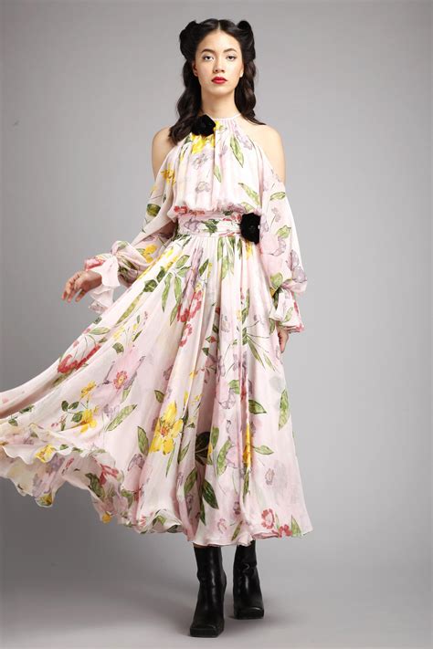 Halter neck cold shoulder pouf sleeves tea length dress – Gauri and Nainika