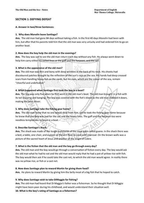 The Old Man and the Sea - notes - Mar Thoma College, Thiruvalla SECTION ...