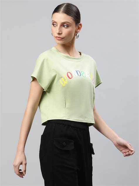 Women Pista Green Regular Fit Printed T-Shirt – Global Re...