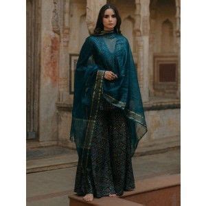 Buy Teal Green Pink Printed Silk Blend Embroidered Sharara Suit and ...