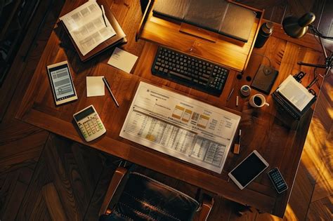 Top view of business room interior with financial analysis on desk ...