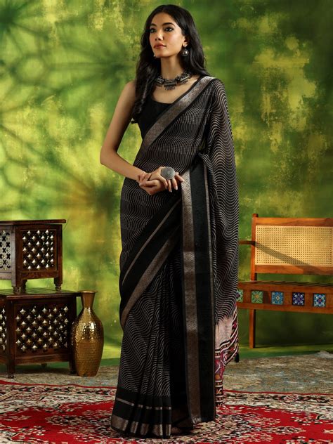 Buy Black Printed Silk Blend Saree With Unstitched Blouse Piece Online ...