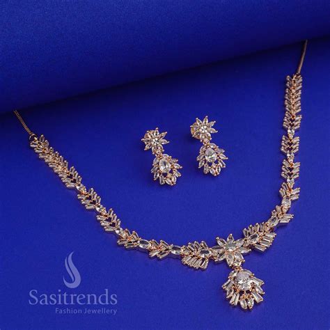 American Diamond Rhodium & Rose Gold Floral Necklace Set – Sasitrends