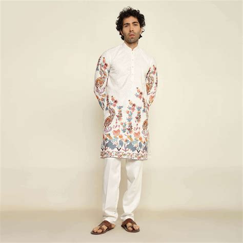 White Floral Embroidered Kurta for Men