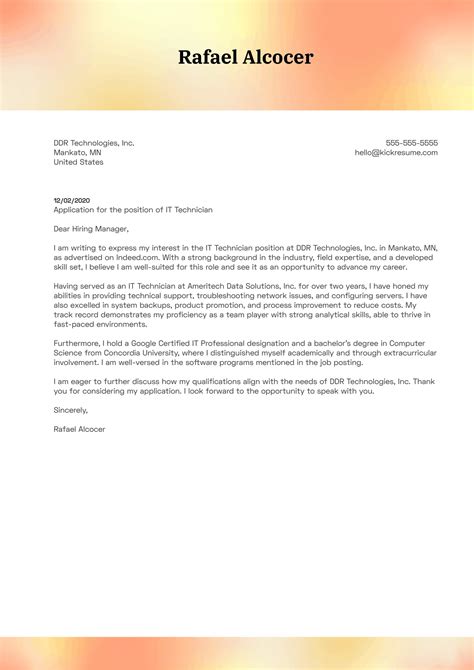 IT Technician Cover Letter Example | Kickresume