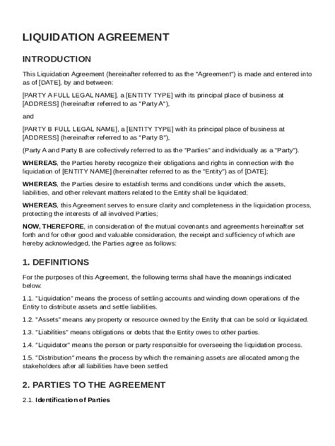 Fillable Online Liquidation Agreement Template Fax Email Print - pdfFiller