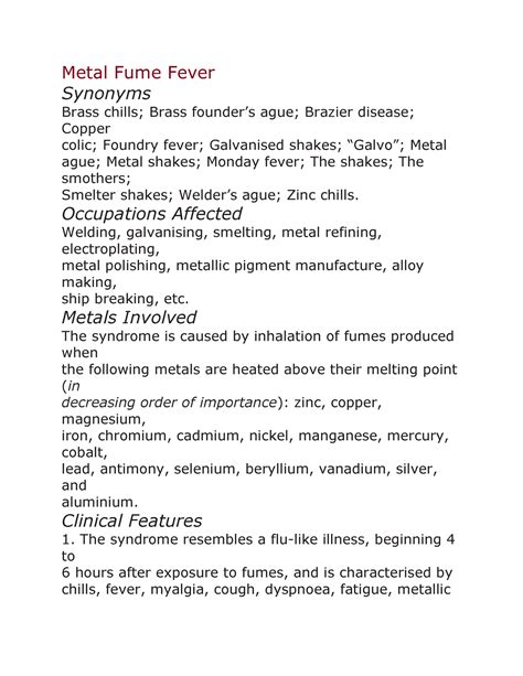 Metal Fume Fever - Metal Fume Fever Synonyms Brass chills; Brass ...