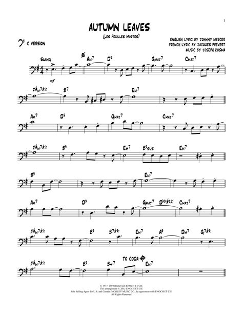 Autumn Leaves by Nat King Cole Sheet Music for Jazz PlayAlong – Bass Clef Instruments at Sheet ...