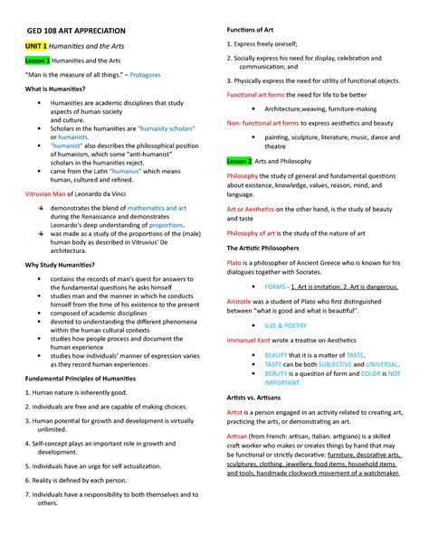 ART- Appreciation - GED 108 ART APPRECIATION UNIT 1 Humanities and the ...