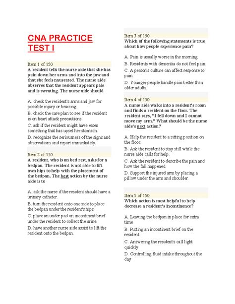 CNA Practice pdf 525+ Q&A - CNA PRACTICE TEST I Item 1 of 150 A ...