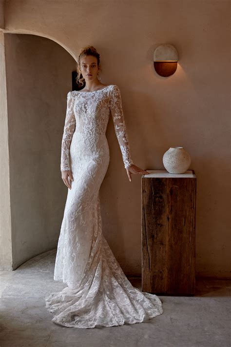 66371: Allover Embroidered Lace Fit and Flare Gown with Long Sleeves ...
