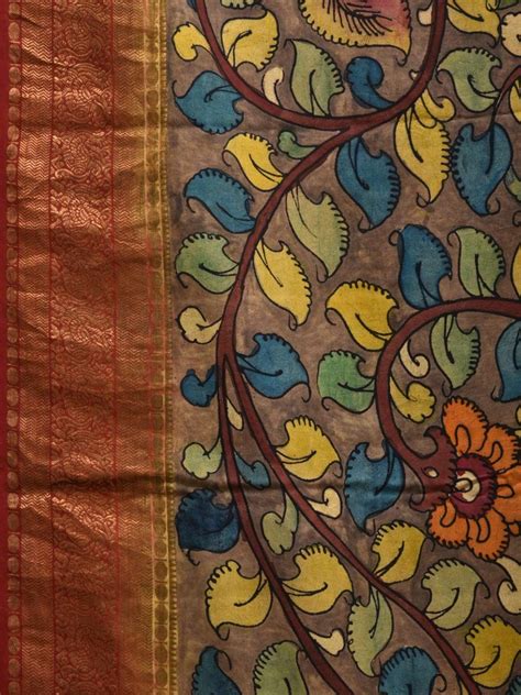 Grey and Maroon Kalamkari Hand Painted Kanchipuram Silk Handloom Saree ...