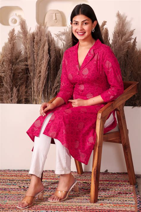 Magenta Floral Cotton Kurti for Women | College & Office Wear – The ...