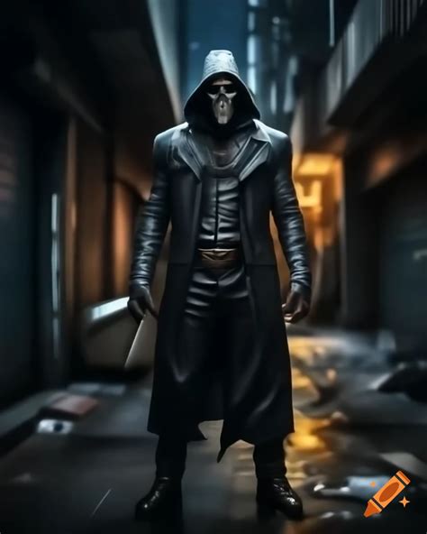 Tall masked villain in body armor with goggles in city alley at night ...