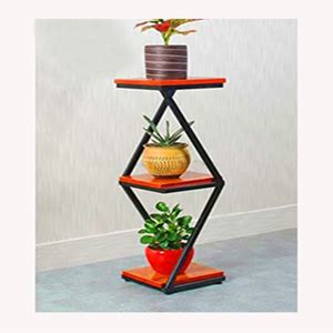 Dime Arts Shoppee 3 Tier 3 Potted Iron-Wood Plant Stand, Curved Flower ...