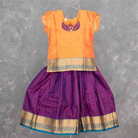 Pure Silk Golden Orange With Magenta Purple 6 Years Baby Pavadai Set ...