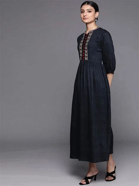 Buy Navy Blue Embroidered Viscose Rayon Dress Online at Rs.615 | Libas