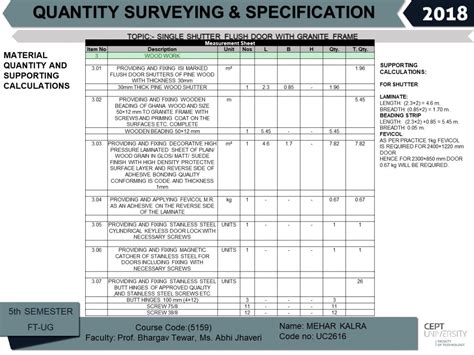 Quantity and rate analysis of door | CEPT - Portfolio