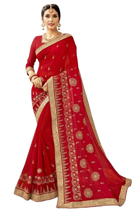 Buy Apple red Georgette saree online - Karagiri