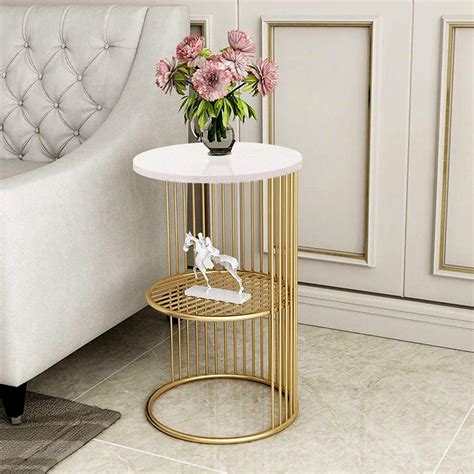 Designer Art Golden Half Caged White with Marble Coffee Round Side Tab ...