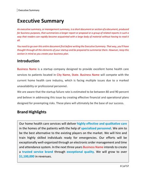 Home Health Care Business Plan Template