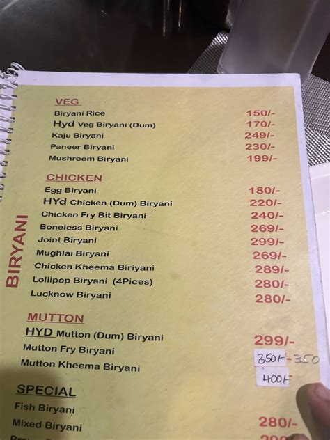 Menu at Hyderabad Biryani House, Chennai