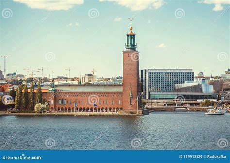 Sweden Capital with Tower of City Hall and Calm Waters Around Stock ...