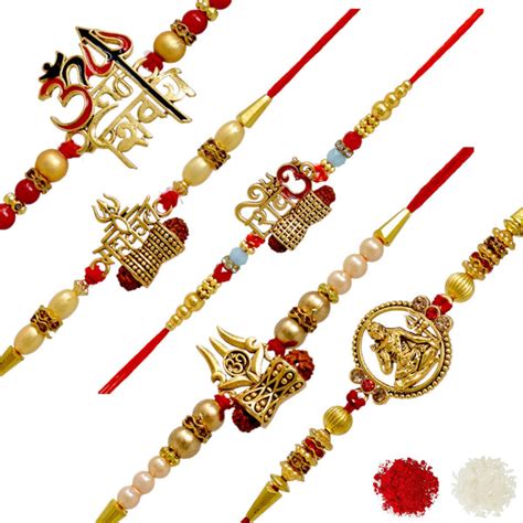 Lord Shiva Bracelet Combo Set of 5 Rakhi with Roli Chawal n Gift Card ...