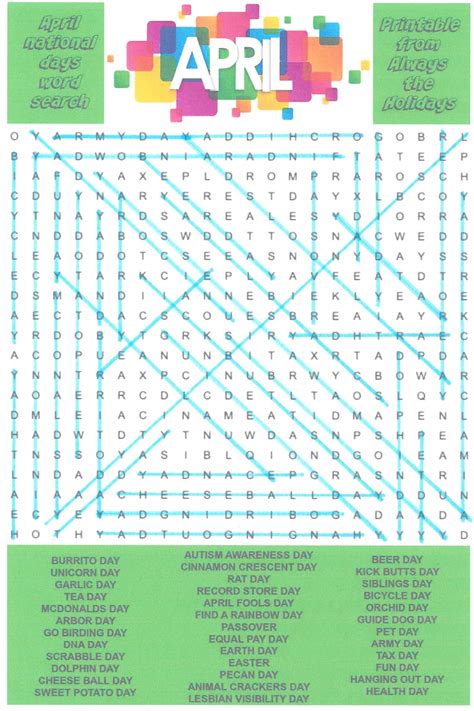 April Word Search Printable - National Days Word Find Puzzle