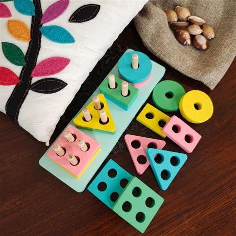 Wooden Geometric Blocks Stacker & Shape Sorter | Montessori Puzzle Toy ...