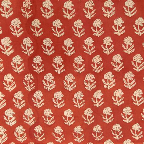 ( Pre-Cut 1 Meter )Pure Cotton Dabu Rust With Floral Motifs Hand Block ...