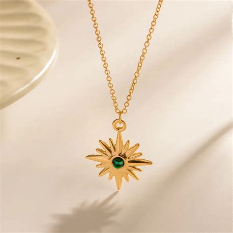 18K Gold Plated Stainless Steel Malachite Inlay Eight-Pointed Star Nec ...