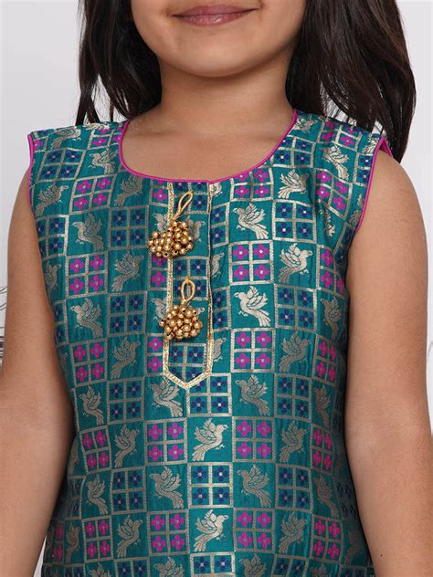 Girls Banarsi Kurta with Salwar and Dupatta - Peacock Green and Rani ...