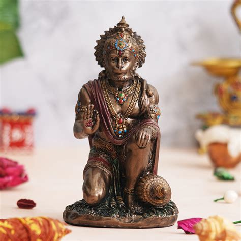 eCraftIndia Rustic Gold Blessing Hanuman Statue Sitting with Gada