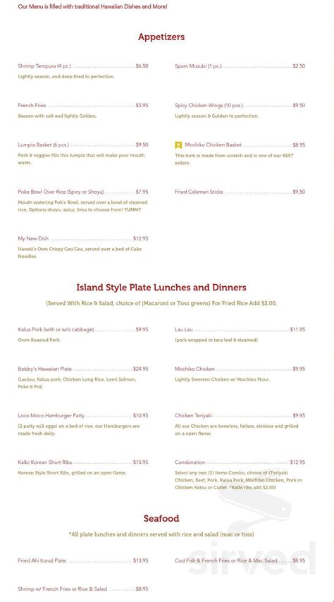 Menu - Lynnwood WA's Bobby's Hawaiian Style Restaurant | Sirved