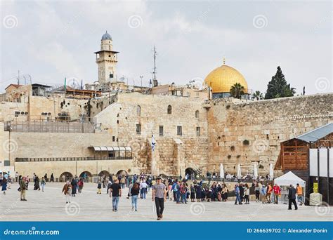 View of the Wailing Wall and the Dome of the Rock in Jerusalem. Shrines of the Jewish and Arab ...