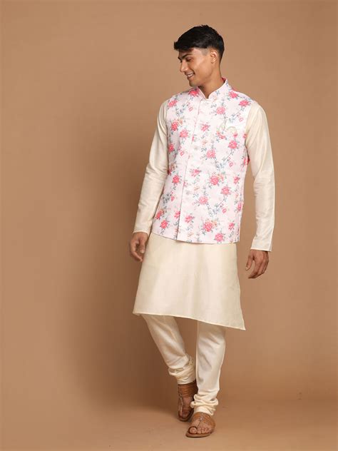 Men's Angrakha Nehru Jacket & Kurta Set in Peach | VASTRAMAY – vastramay