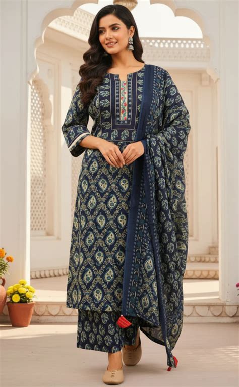 Blue Floral Jaipur Cotton Kurti With Pant And Dupatta Set. Pure Versat ...