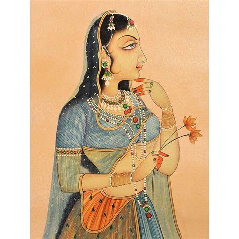 Canvas Mughal Painting Depicting a Lady Holding Orange Flowers