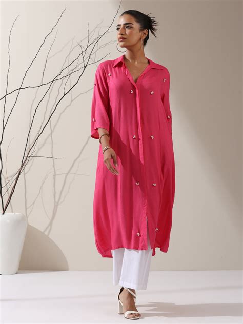 Women's Pink Viscose Paneled Kurta with Pearl-Embellished Collar & Pan ...