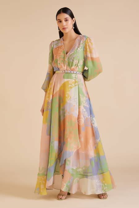 Buy Multi Color Chiffon Print Blossom Era V Cusp Maxi Dress With Belt ...
