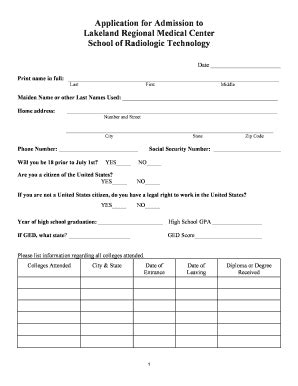 Application For Admission To Lakeland Regional Medical Center School Of ...