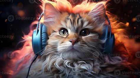 Cute cat wearing headphones listening to music,illustration of Fantasy ...