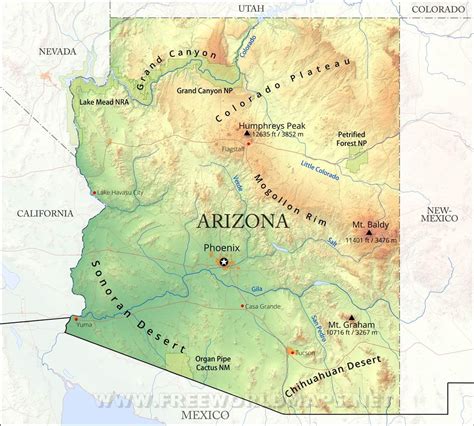 Physical map of Arizona
