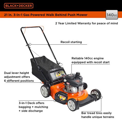 BLACK+DECKER 21 Inch 140cc 3-in-1 Gas Powered Walk Behind Push Mower ...